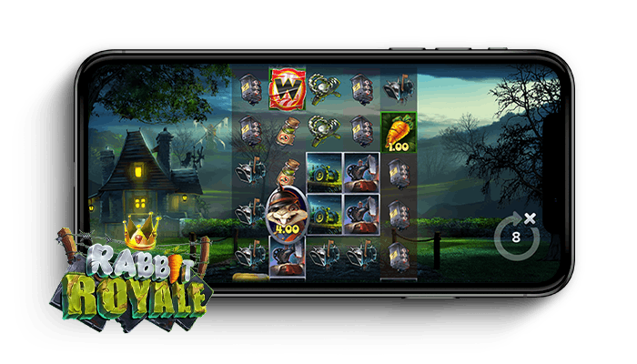 Rabbit Royale kolikkopelin ruudukko ja logo puhelimen näytöllä.