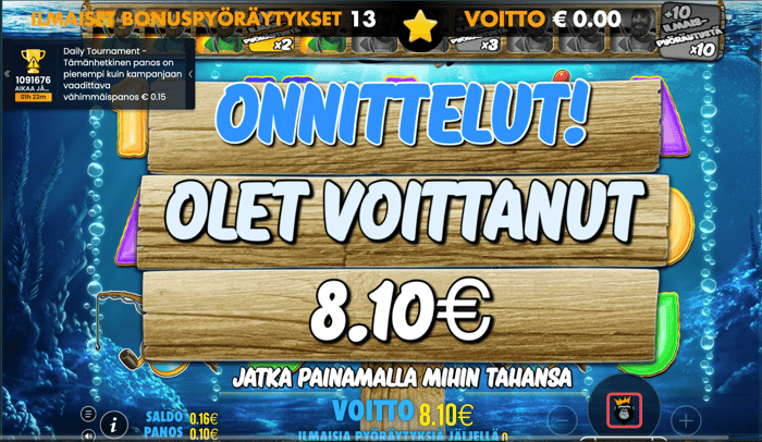 8,10 euron voitto Big Bass Bonanza -pelistä.