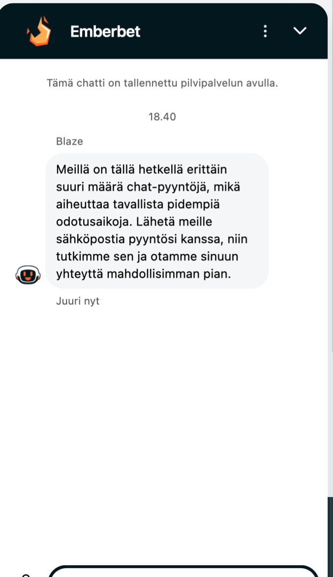 Emberbetin live-chat-vastaus asiakastuen ruuhkautuessa.
