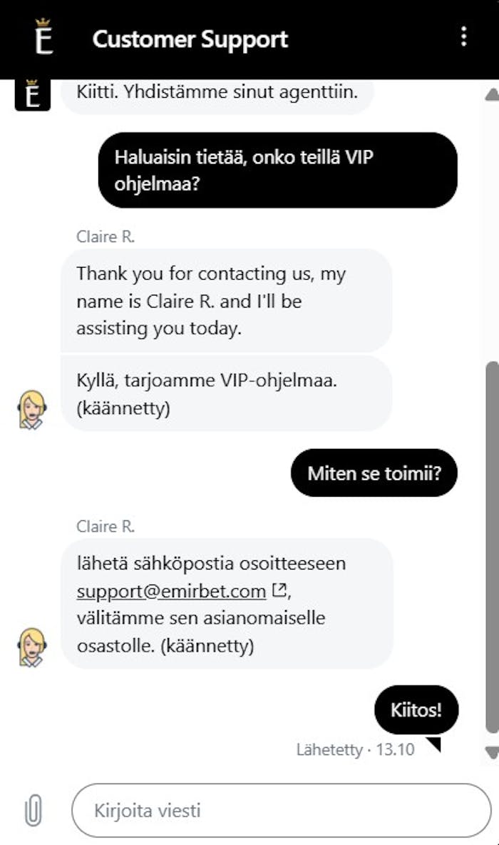 Emirbetin asiakastuki palveli suomeksi käännöstyökalulla.