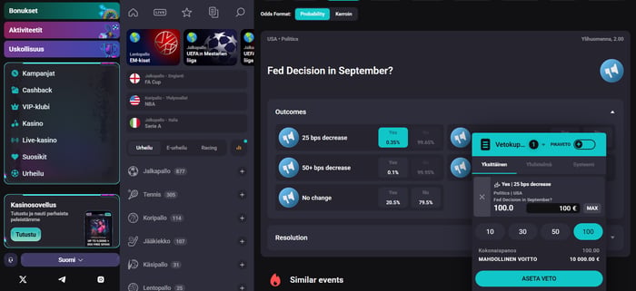 Need for Slots -kasinon vedonlyöntinäkymä kohteesta 'Fed Decision in September?' Yes/No-vaihtoehdoilla: 25 pisteen lasku 0,35 %, yli 50 pisteen lasku 0,1 % ja ei muutosta 20,5 %; vetokupongilla 100 euron panos 25 pisteen laskuun näyttää 10 000 euron mahdollisen voiton.