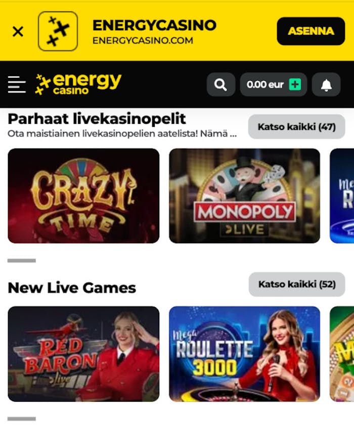 Energycasino mobilfelület élő játékokkal