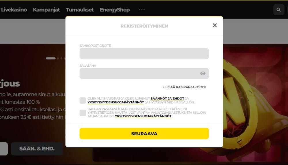 Rekisteröi uusi tili Energy Casinolle