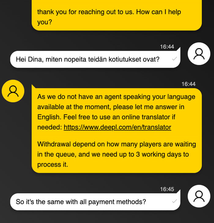 Energy Casinon chat-palvelua englanniksi