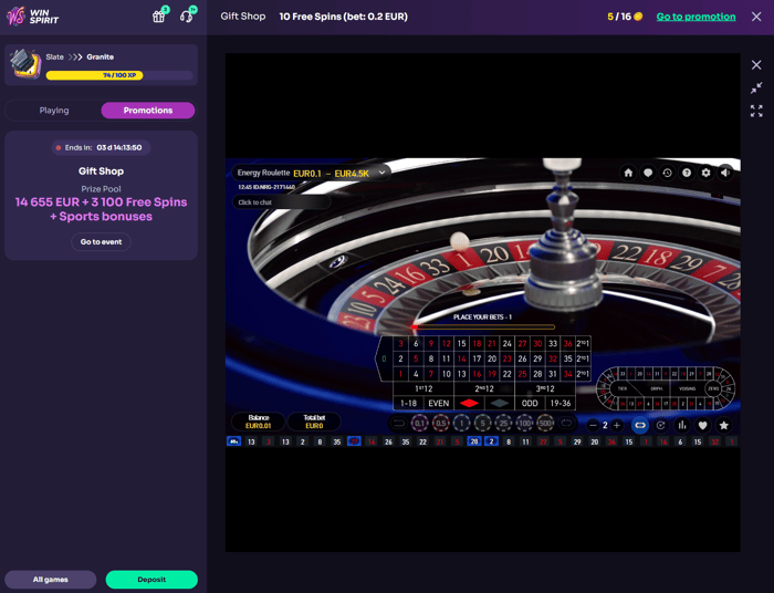 WinSpirit Casinon Energy Roulette -livepeli, panokset €0,1–€4,5K, saldo €0,01 – lobbyssa voi seurata peliä ilman panostamista.