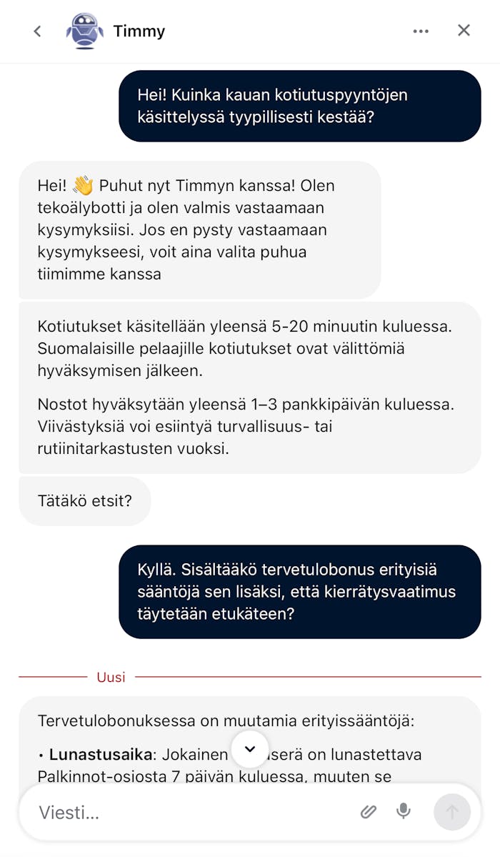 Epicbet chat palvelee suomeksi, ja apuna on eritt?in laajoja ja kattavia vastauksia antava chatbot.
