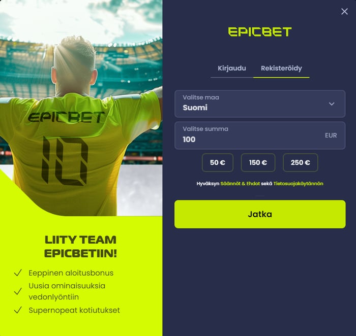 Epicbetille voi avata pelitilin pankkitunnuksilla tai Zimpler ID:n kautta.