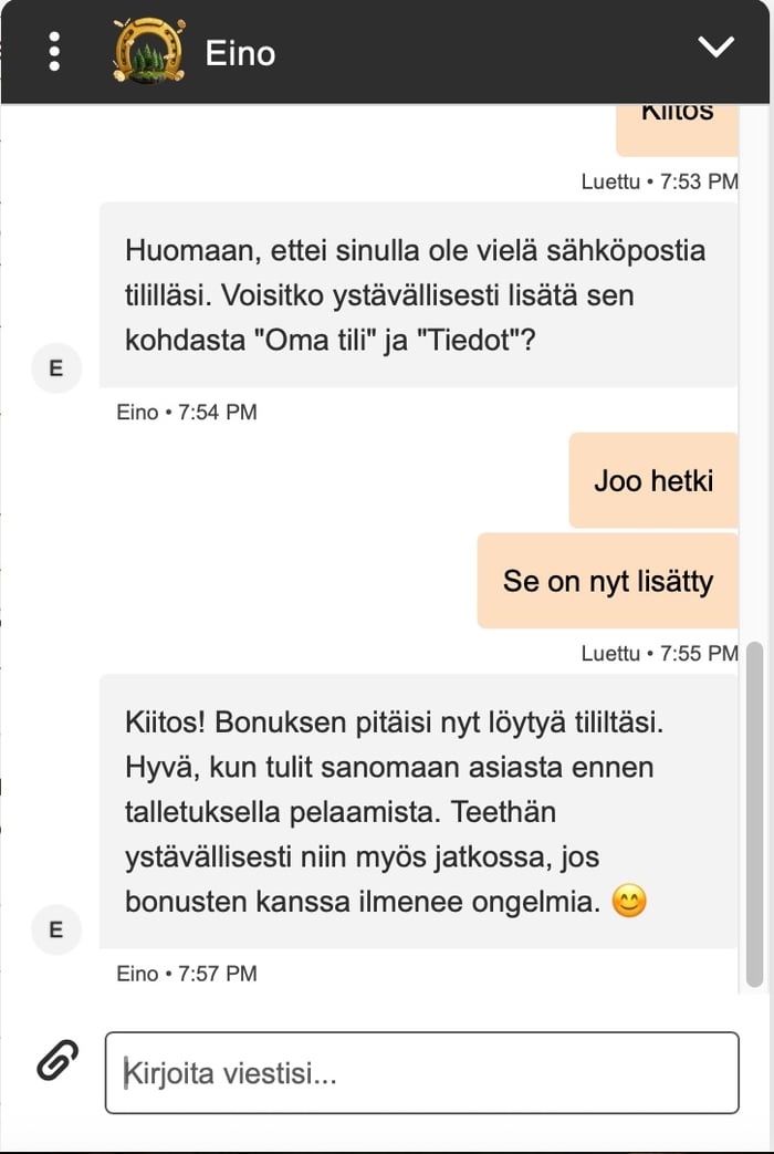Kuva, jossa näkyy keskustelu Tuuri kasinon asiakastuen kanssa.