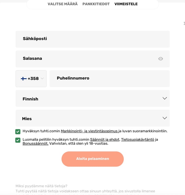 Pelitiliä avatessa Tuhti Kasinolla pyydetyt tiedot.