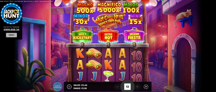Pelinäkymä Hot Chili Heat Spicy Hot Pots -kolikkopelistä Jackpot Hunt -toiminnon ollessa aktiivisena.