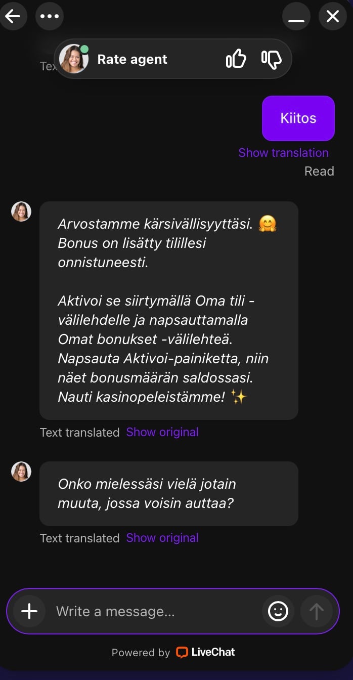 Keskustelu Tuff Puff Casinon asiakastuen kanssa chatissa.