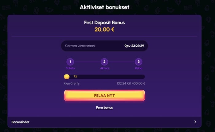 NovaJackpot-kasinon Aktiiviset bonukset -näkymä, jossa 20 euron ensitalletusbonuksen kierrätys edistynyt 7 prosenttia (102,24 € / 1 400,00 €)