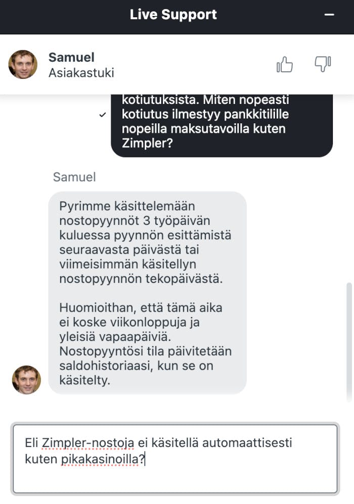 Otin yhteyttä Excite Win Casinon asiakaspalveluun live-chatillä 