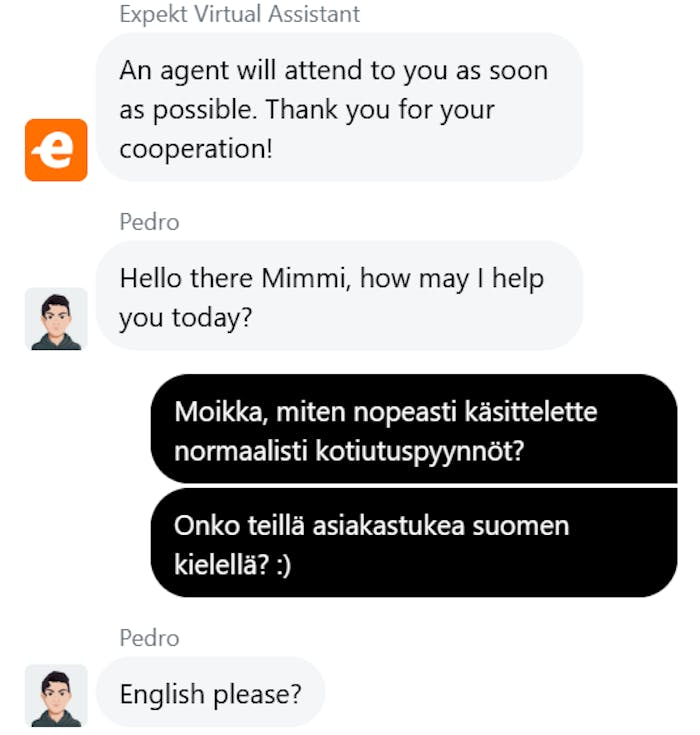 Expektin asiakaspalveluchat, jossa kysyt??n kotiutuksista ja palvelukielist?.