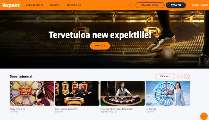 Expektin etusivu – tervetuloteksti, Luo tili -painike ja suosituimmat pelit kuten Crazy Time ja Lightning Roulette.