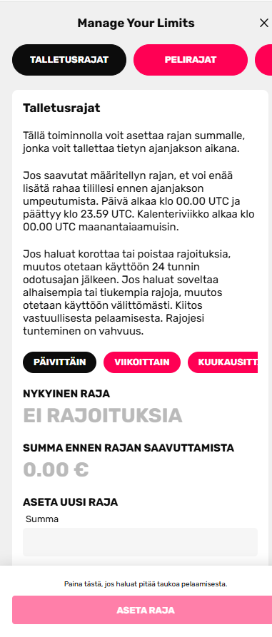 Kirpeen näkymä talletusrajojen asettamiseen.