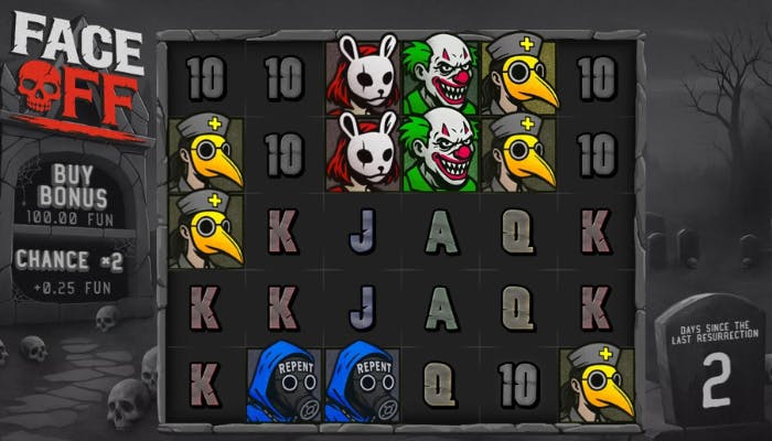 Face Off -kolikkopelin peliruudukko ja hahmoja.