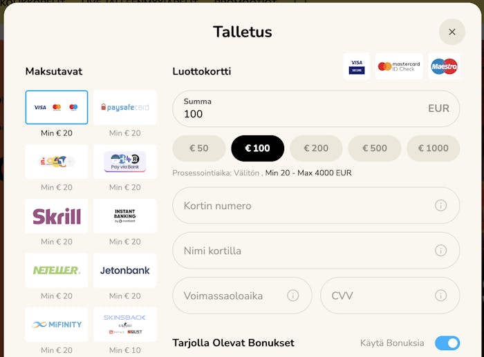 Talletusruutu, joka näyttää tiedot, joita luottokortilla maksaessa tulee kasinolle syöttää. Näitä ovat mm. kortin numero