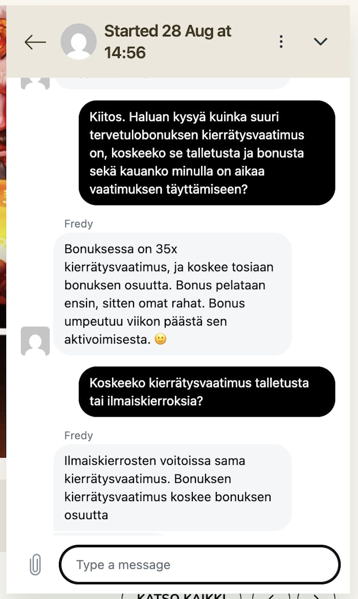 Asiakaspalvelija vastaa kysymyksiin suomeksi Fat Fruit kasinolla