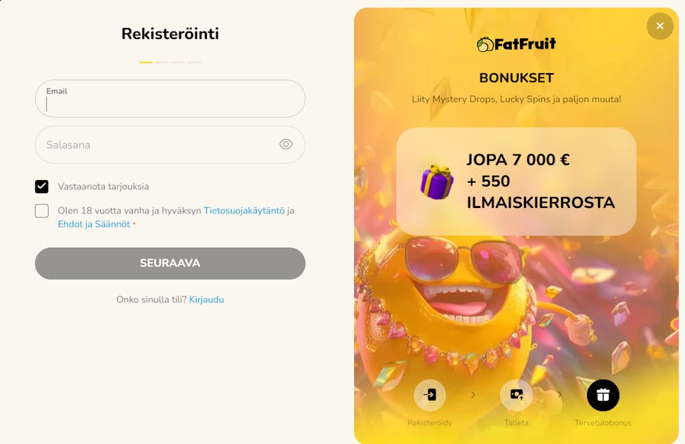 FatFruit-kasinolle kirjaudutaan perinteisin tavoin.