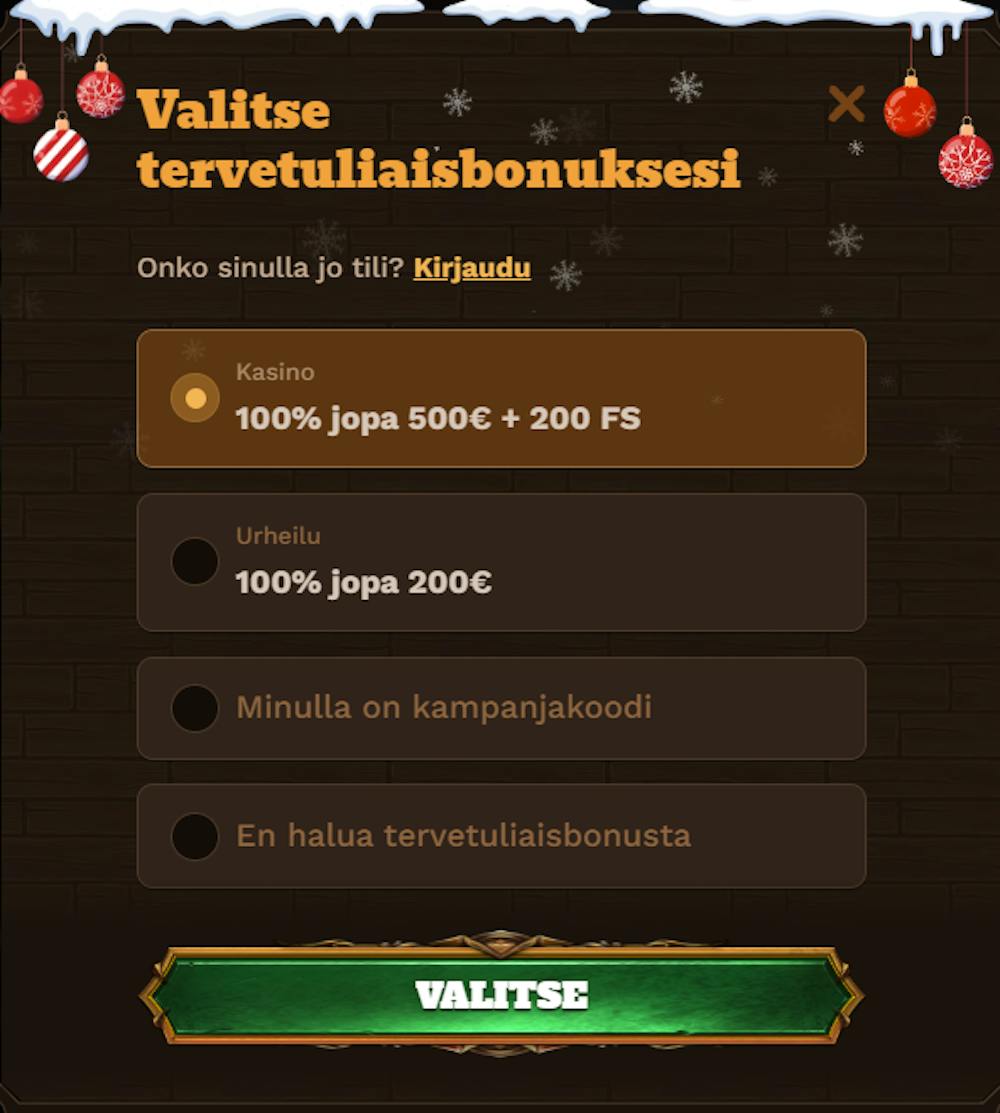 Uusille pelaajille on tarjolla 500 € bonus ja 200 ilmaiskierrosta.