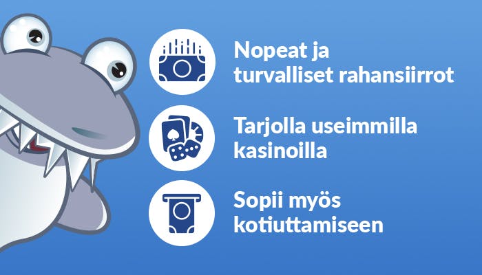 Nettilompakoiden hyviä ominaisuuksia listattuna, kuten nopeat ja turvalliset rahansiirrot sekä sopii myös kotiuttamiseen