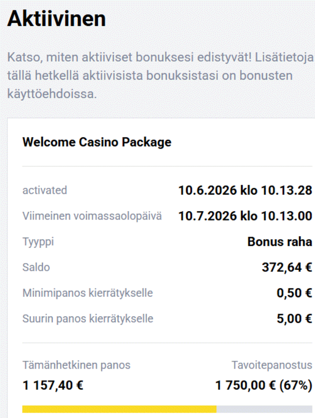 Fiesta Slotsin aktiivinen Welcome Casino Package -bonus, jossa bonusrahan saldo on 372,64 € ja kierrätys on edennyt 67 prosenttiin.