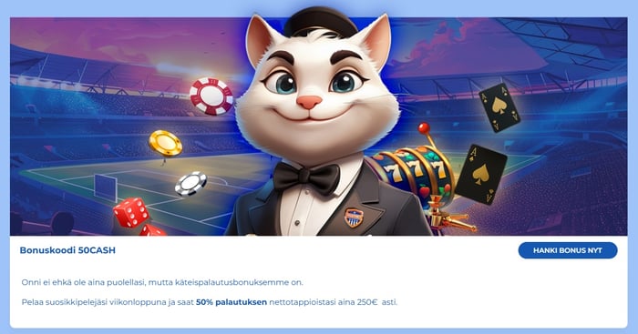 FeliceBet Casino antaa 50 % käteispalautuksen 250 euroon asti aktiivisille pelaajilleen.