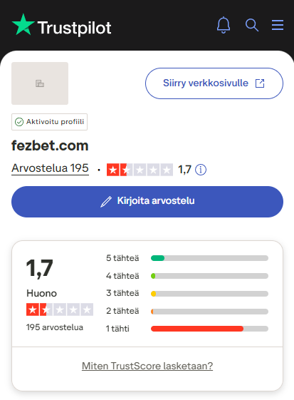 Fezbet kasinon yhteenveto Trustpilot-arvosteluista.