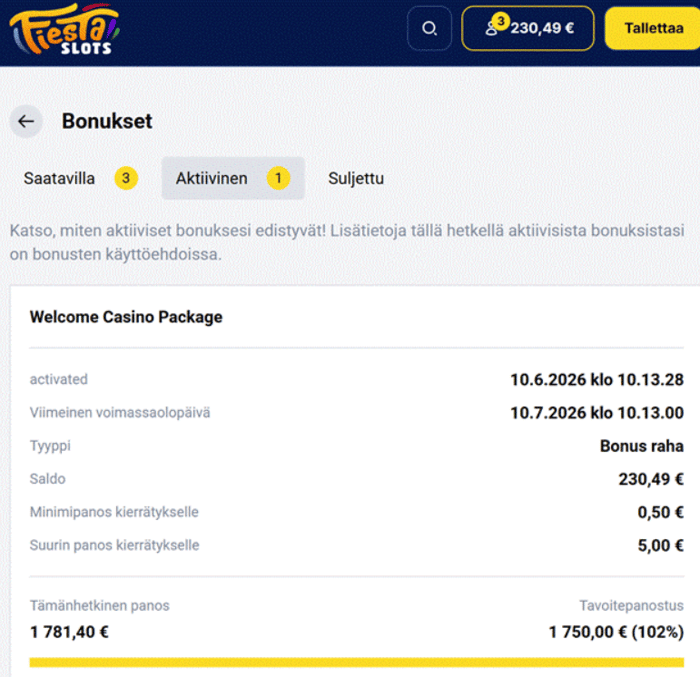 Fiesta Slotsin bonussivu, jossa näkyy aktiivinen Welcome Casino Package -bonusraha ja 102 % kierrätysaste.