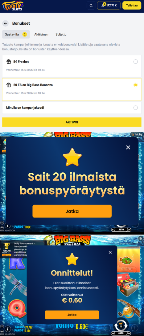 Fiesta Slotsin bonussivu ja Big Bass Bonanza -peli, jossa 20 ilmaista bonuspyöräytystä tuotti 0,60 € voiton.