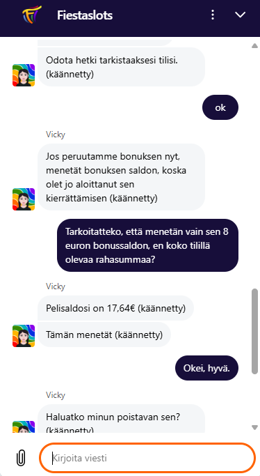 Fiesta Slotsin asiakaspalveluchat, jossa kysytään bonuksen peruuttamisesta ja bonusrahan menettämisestä.