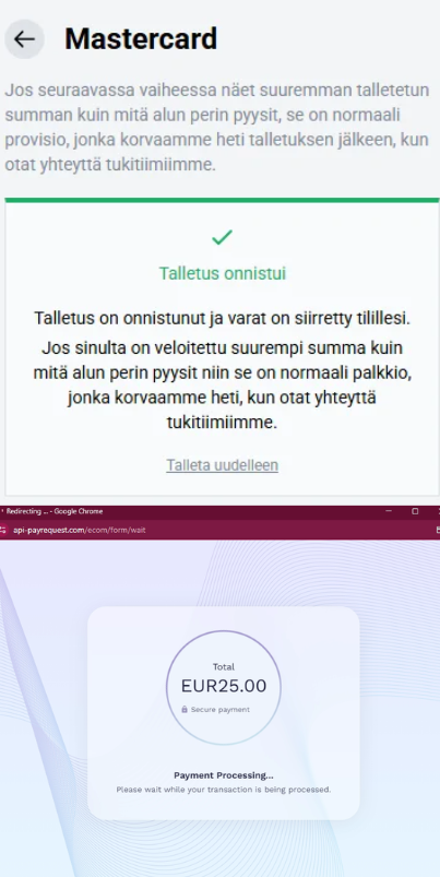 Fiesta Slotsin Mastercard-talletusnäkymä, jossa 25 € talletus onnistui ja maksu käsiteltiin PayRequest-palvelun kautta.