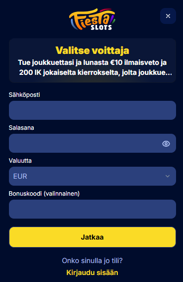 Fiesta Slotsin rekisteröitymislomake, jossa näkyvät sähköposti, salasana, valuutta ja valinnainen bonuskoodi.