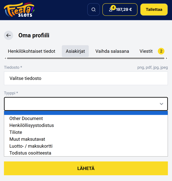 Fiesta Slotsin asiakirjat-sivu, jossa käyttäjä voi ladata vahvistusdokumentin omalle profiililleen.