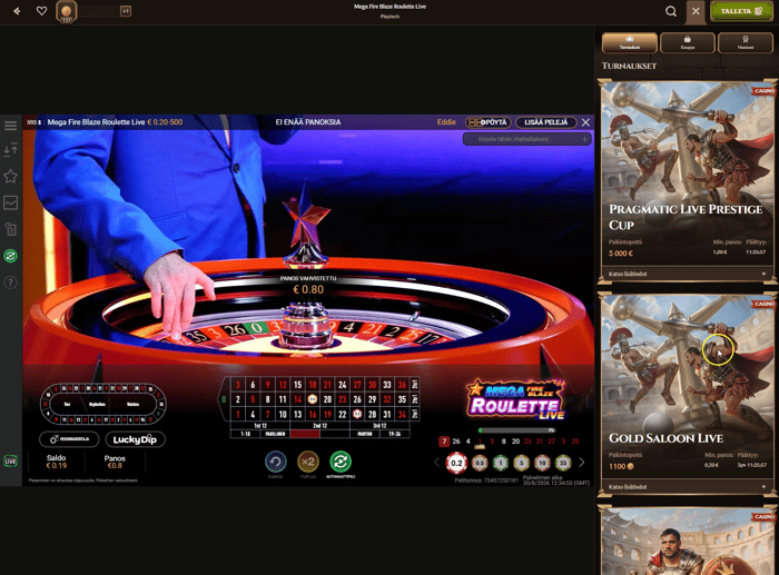 Mega Fire Blaze Roulette Live -pelissä asetettu 0,80 € panos rulettikierrokselle
