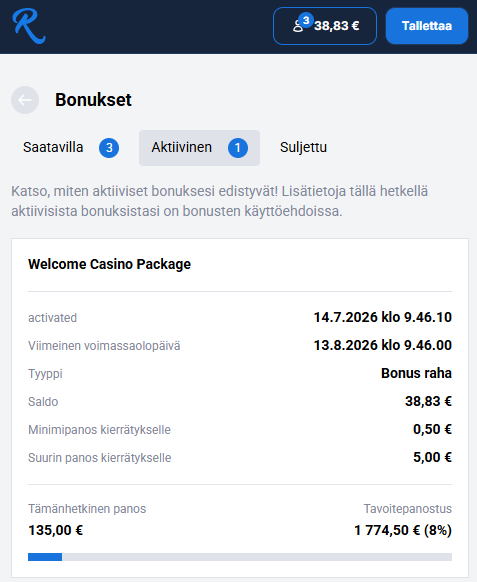 Kuvakaappaus RCasinon kierrätyksestä, kun kasinolle on panostettu 135 euroa.