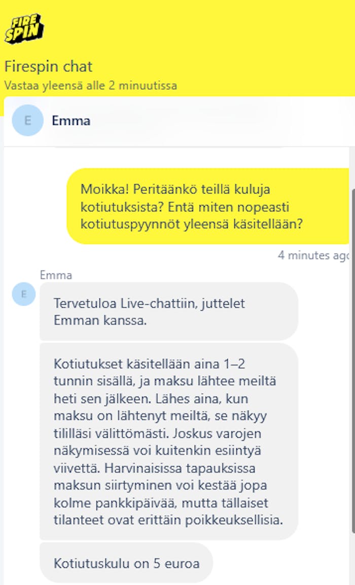 Fire Spin Casinon asiakaspalveluchat, jossa tiedustellaan kotiutusten nopeutta ja kuluja.