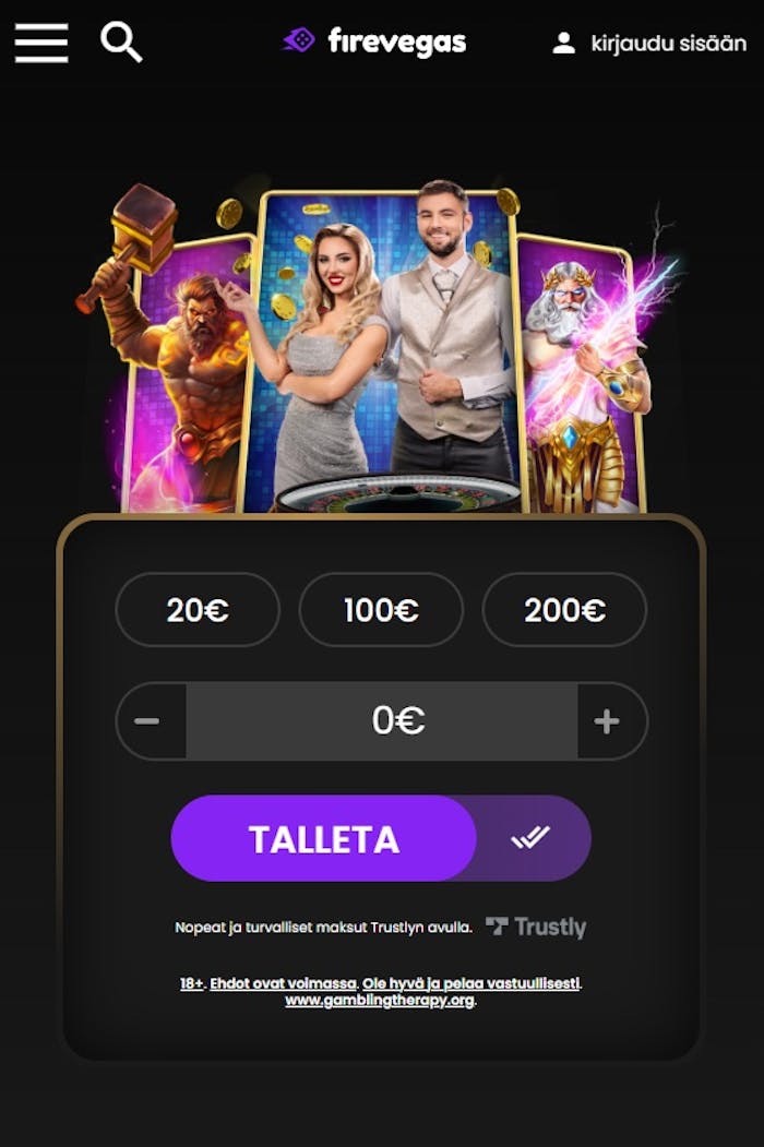 Firevegas Casino etusivu n?ytt?? talletuskent?n 20 , 100  ja 200  summilla.