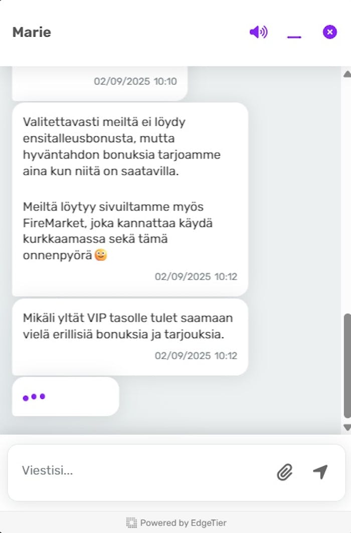 Firevegas Casinon live chat keskustelu Marien kanssa tervetulobonuksista.