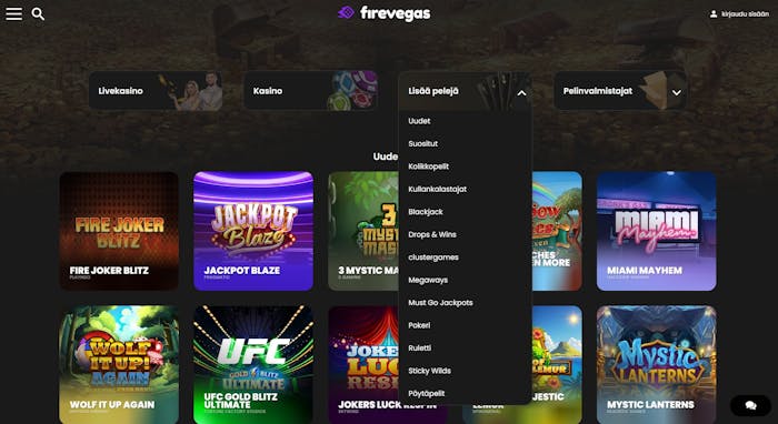 Firevegas Casino pelivalikoima on lajiteltu kategorioittain.