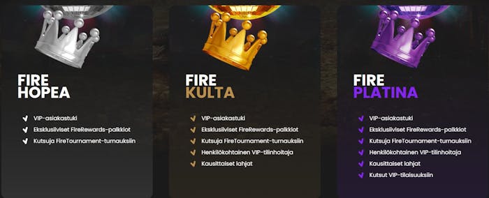 Firevegas Casinon VIP-ohjelmassa on kolme tasoa: hopea, kulta ja platina.