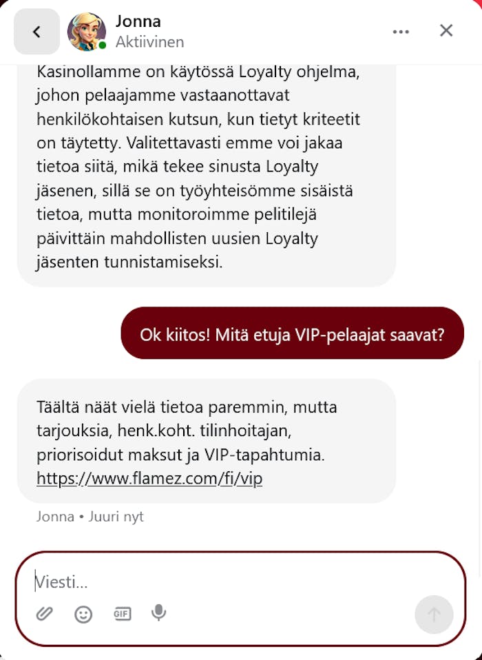 Flamez Casinolla saat apua asiakaspalvelusta chatin kautta suomeksi