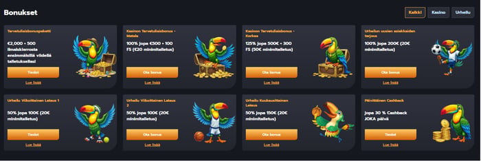 Flappy Casinon Bonukset-sivu, jossa kasinon ja urheilun tervetuliaistarjoukset sekä päivittäinen cashback