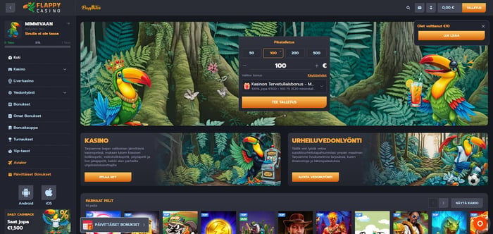 Flappy Casinon etusivu tukaanimaskotteineen, pikatalletusikkuna ja vasemman reunan valikko
