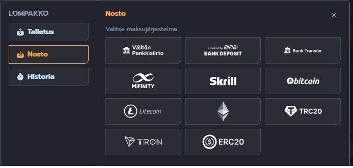 Flappy Casinon kotiutustavat: välitön pankkisiirto, MiFinity, Skrill sekä Bitcoin, Litecoin ja Ethereum.