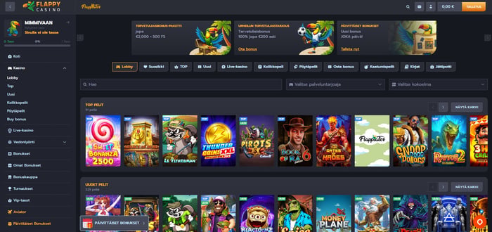Flappy Casinon pelivalikoima: lobbyn suodattimet ja Top pelit -rivi kolikkopelien kansikuvineen