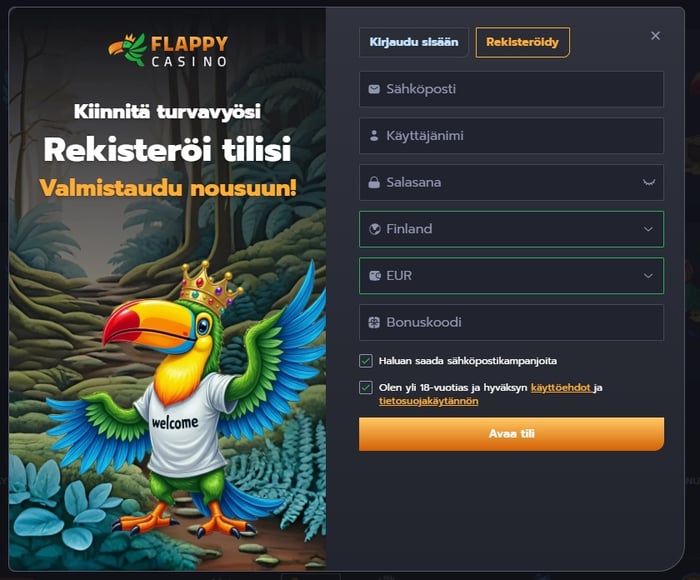 Flappy Casinon rekisteröitymislomake, jossa sähköposti-, käyttäjänimi-, salasana-, maa- ja bonuskoodikentät.