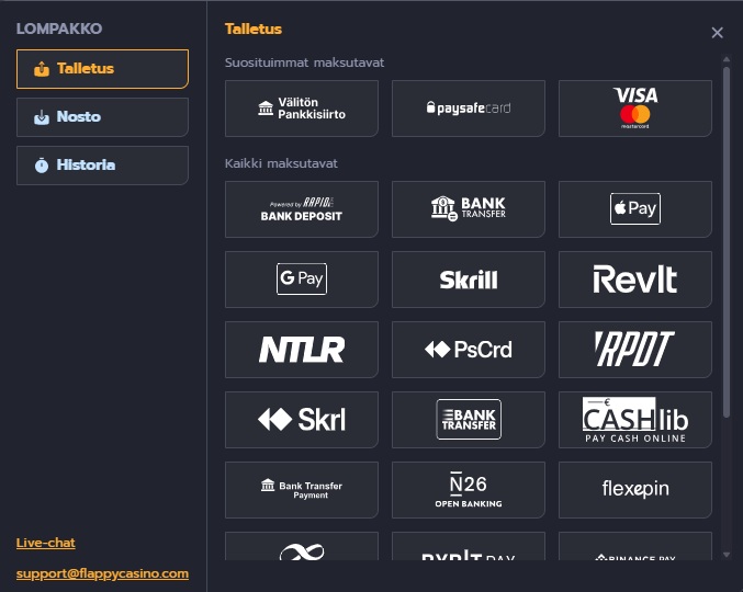 Flappy Casinon talletustavat: välitön pankkisiirto, Paysafecard, Visa, Apple Pay, Google Pay, Skrill ja Revolut