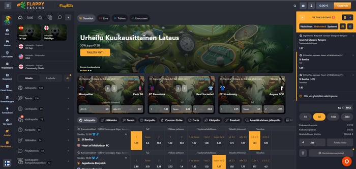 Flappy Casinon vedonlyöntisivu, jossa jalkapallo-otteluiden kertoimia ja avoin vetokuponki